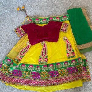 Yellow and pink chaniya choli lehenga garba net